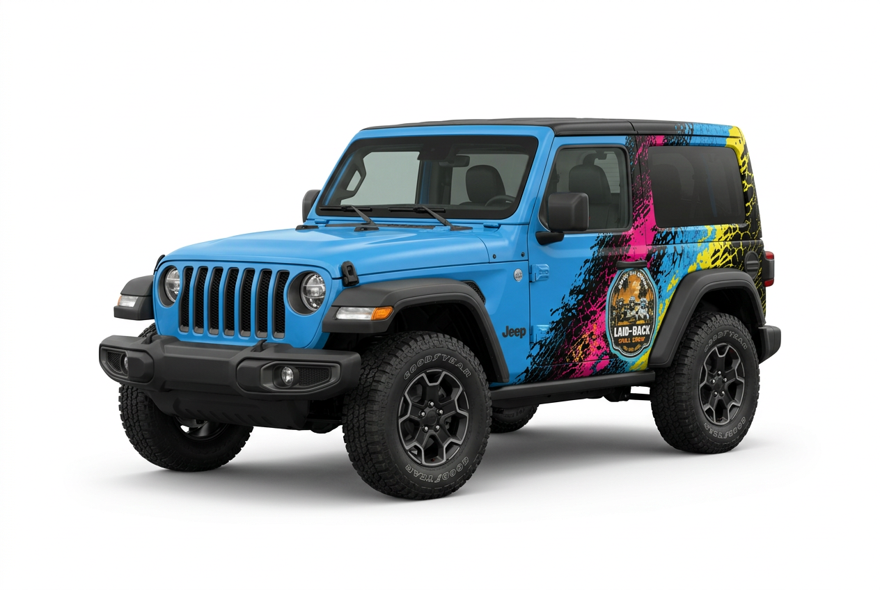 Blue two-door Jeep Wrangler with the supplied wrap, front three-quarter view
